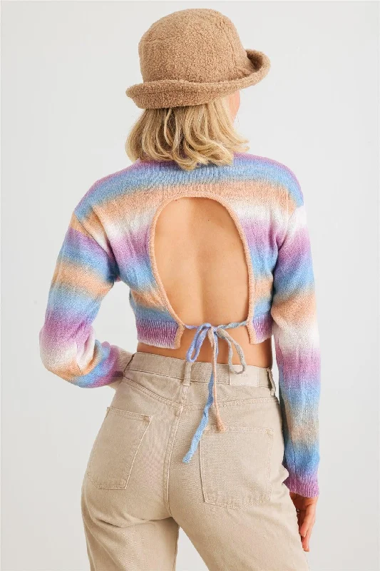 Peach Multi Knit Long Sleeve Open Back Cropped Sweater