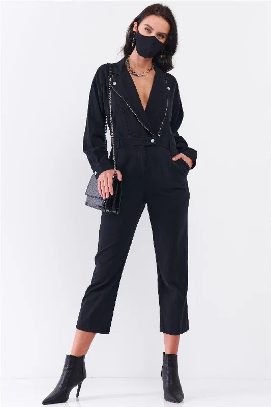 Washed Black Denim Oblique Zip-Up Front Detail Utility Jumpsuit + Black Cloth Mask! /3-2-1