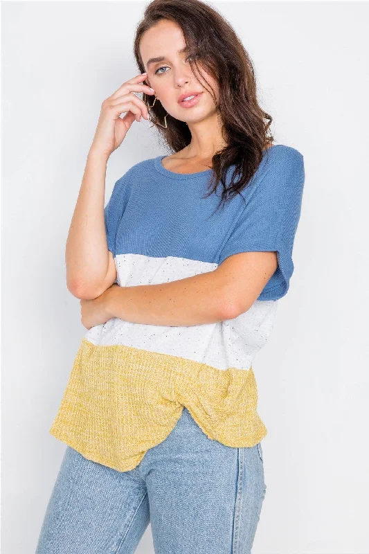 Denim Color Block Side Twist Front Cuffed Sleeve Top  / 2-2-2