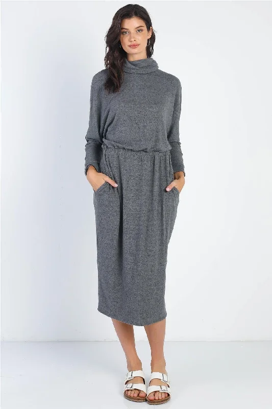 Charcoal Turtle Neck Long Sleeve Soft Midi Dress