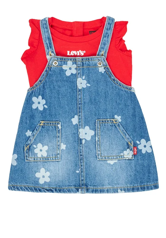 Levis Baby Girls 2 Piece Dungaree Dress and T-Shirt, Red Denim