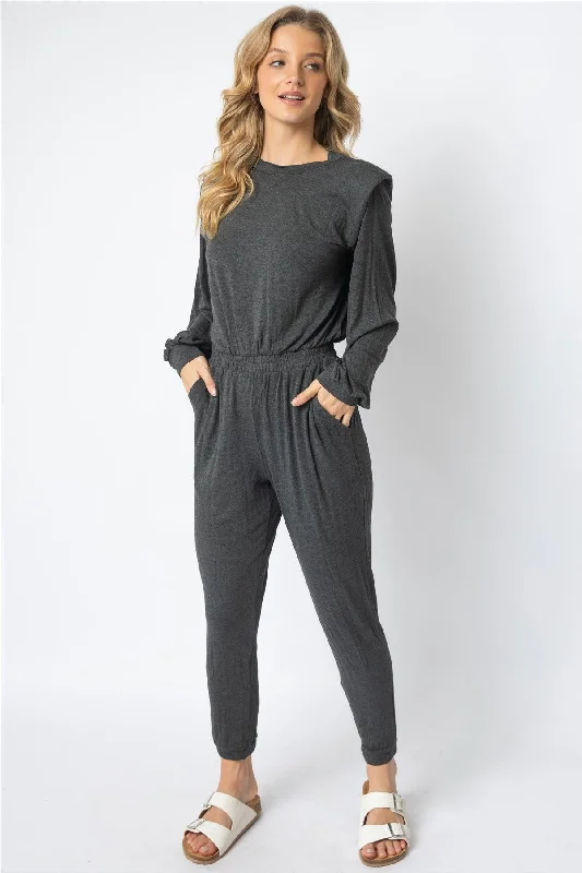 Charcoal Shoulder Pad Long Sleeve Jumpsuit