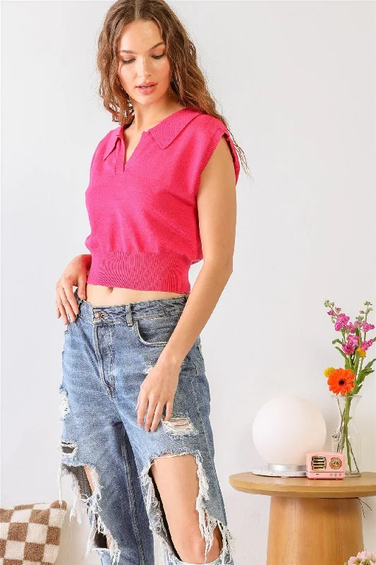 Fuchsia Sleeveless Collared Neck Crop Top /3-2-1