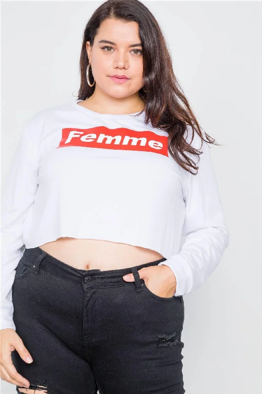 Junior Plus Size White 'FEMME" Cozy Crop Sweater /2-2-2