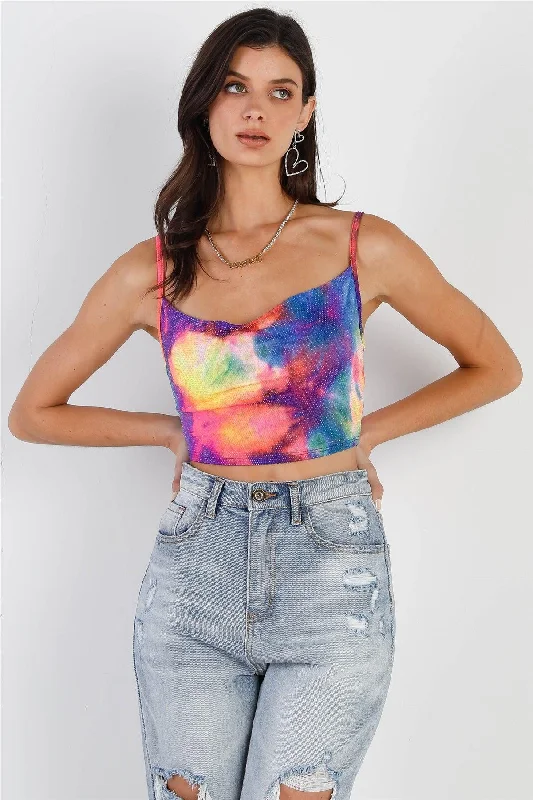 Multi Color Neon Tie-Dye Lurex Cowl Neck Sleeveless Crop Top /3-2-1