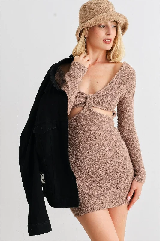 Mocha Fluffy Bow Cut-Out Long Sleeve Mini Dress