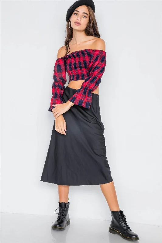 Red Plaid Ruched Off-The-Shoulder Tiered Bell Sleeve Crop Top /2-2-2