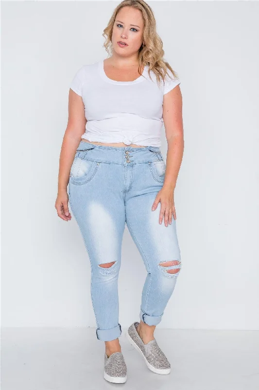 Plus Size Light Denim Distresses Skinny Jeans /2-2-2-2-2