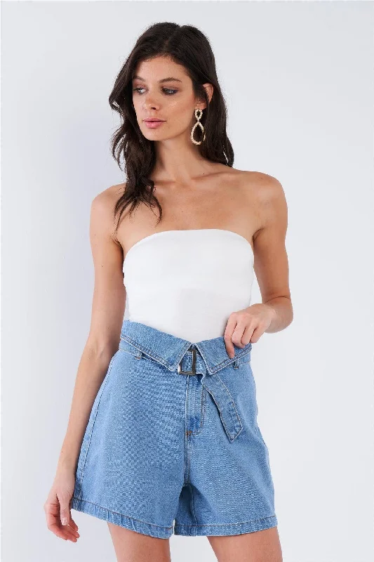 Light Denim Blue Collared High Waisted Attached Belt Jean Shorts /3-2-1