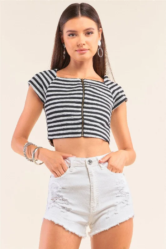 Black And Grey Striped Square Neck Mini Sleeve Cropped Top /1-2-2-1