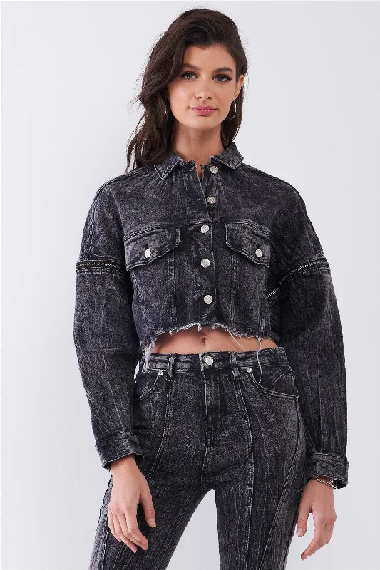 Washed Black Wrinkled Denim Raw Hem Detachable Balloon Sleeve Detail Button-Down Convertible Cropped Jacket /3-2-1