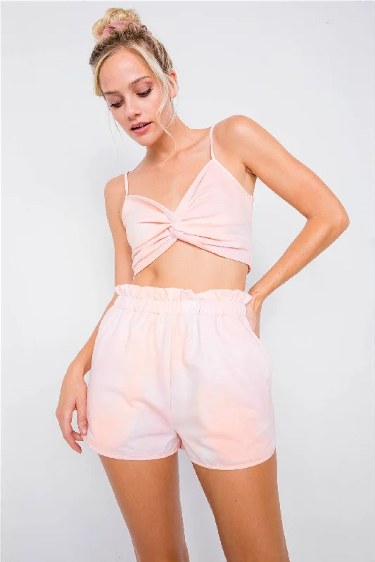 Pink Tie Dye Front Twist Crop Top & High Waist Chic Flounce Short Set /4-2