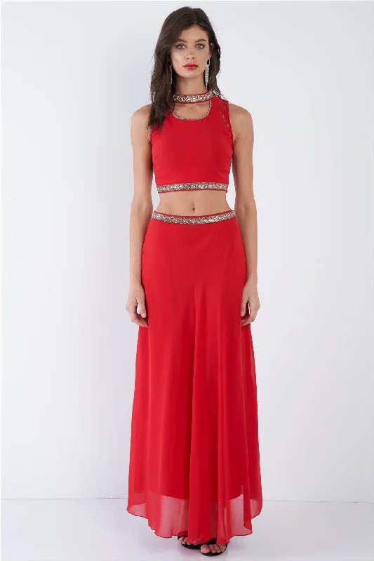 Red Gold & Silver Embroidered Lace Trim Halter Neck Crop & Midi Semi-Sheer Skirt Set /2-2-2