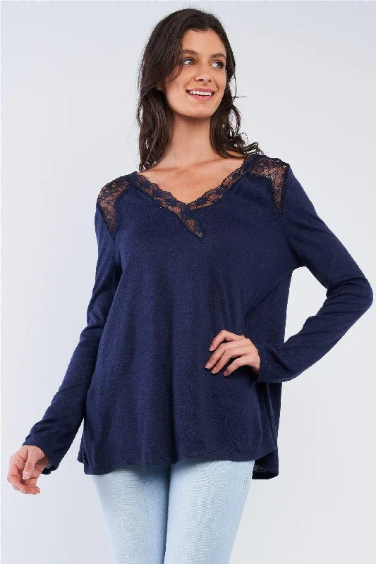 Navy Blue Loose Fit Long Sleeve Lace Hem V-Neckline Back String Self-Tie Detail Top