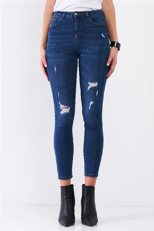 Medium Blue Denim High-Waisted Ripped Vintage Skinny Jeans /1-2-1-2-2-2-1