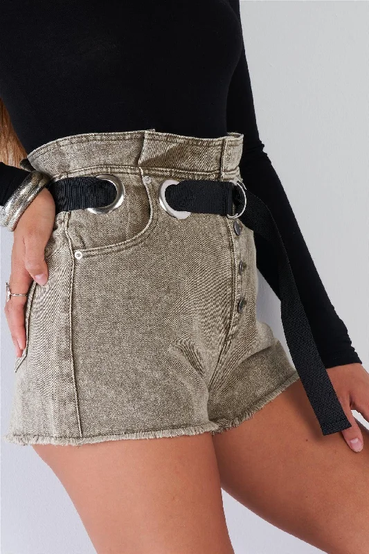 High Waisted Olive Washed Denim Shorts With Black D-Ring Belt Frayed Hem