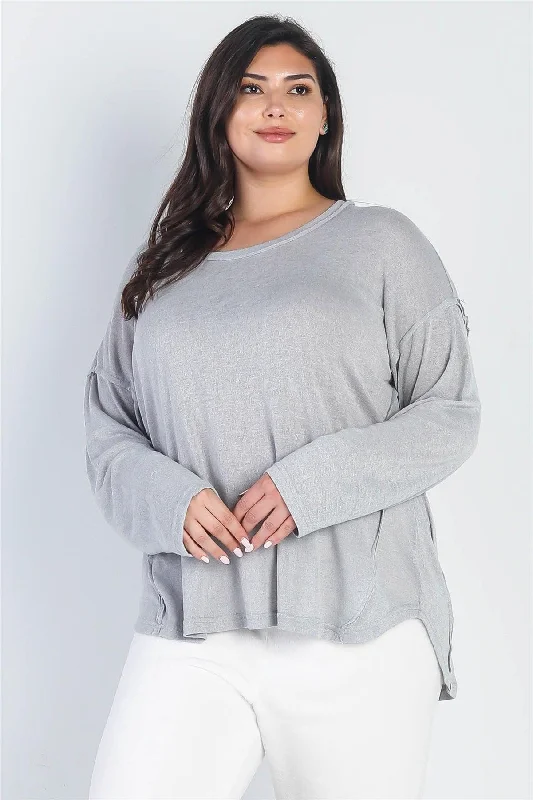 Junior Plus Grey Trim Detail Long Sleeve Top /3-2-1