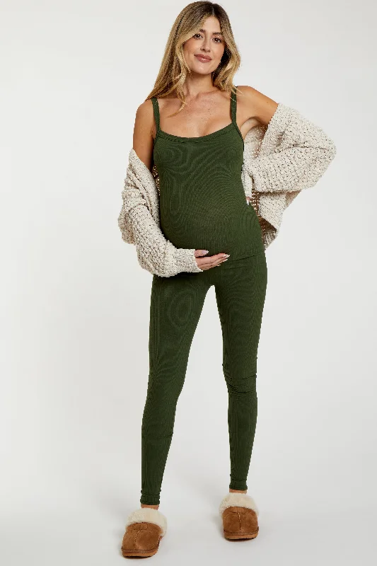 Olive Ribbed Sleeveless Maternity Jumpsuit