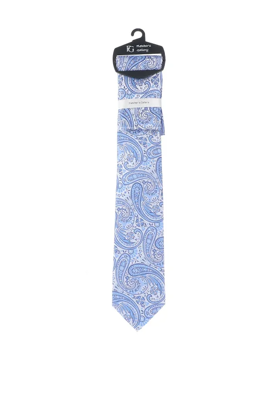 Fletchers Gallery Paisley Print Tie & Pocket Square Set, Day Blue