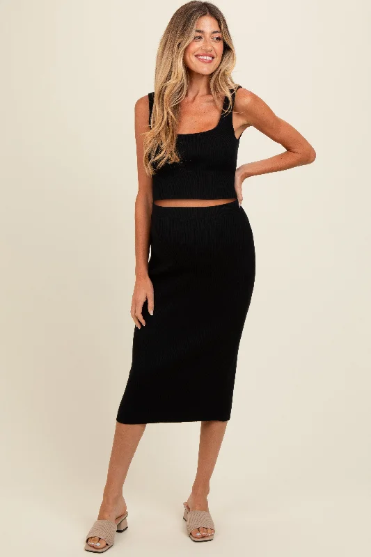 Black Ribbed Square Neck Sleeveless Crop Maternity Skirt Set