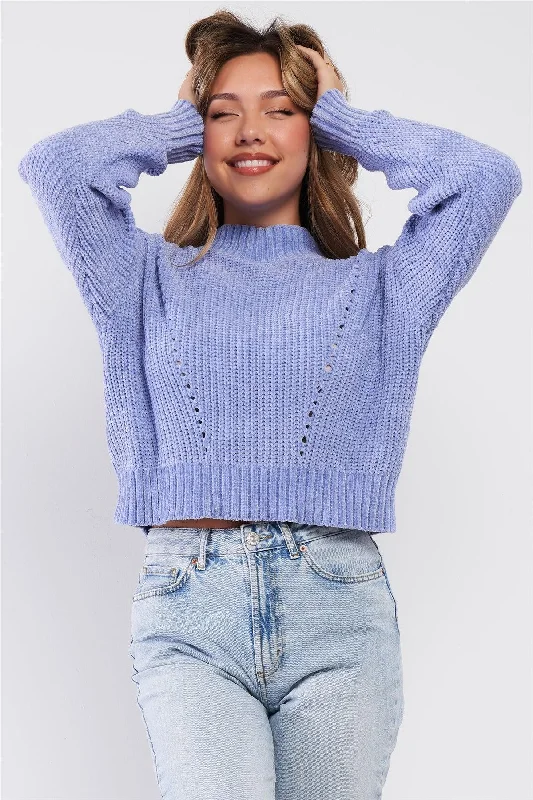 Lavender Blue Plush Cable Knit Ribbed Mock Neck Detail Crop Sweater /3-2-1