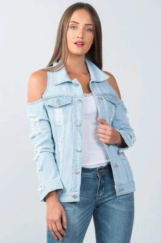 Light Blue Cold Shoulder Denim Jacket / 2-2-2