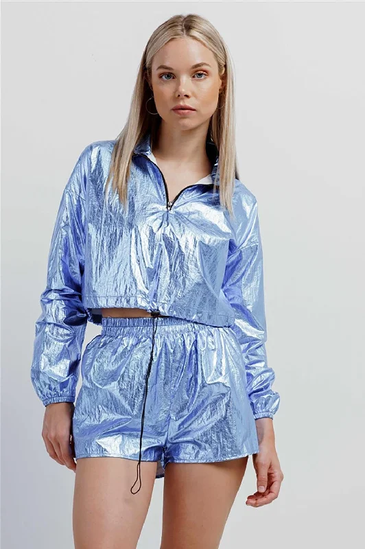 Blue Metallic Lightweight Drawstring Crop Top & Shorts Set /2-2