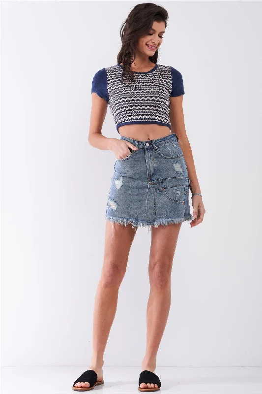 Medium Blue Denim High-Waist Distressed Effect Asymmetrical Trim Raw Hem Detail Mini Skirt /2-2-1