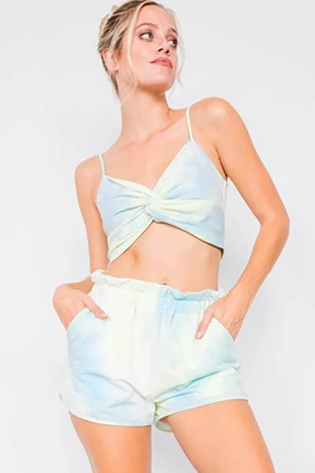 Neon Mint Tie Dye Front Twist Crop Top & High Waist Chic Flounce Short Set /3-2-1