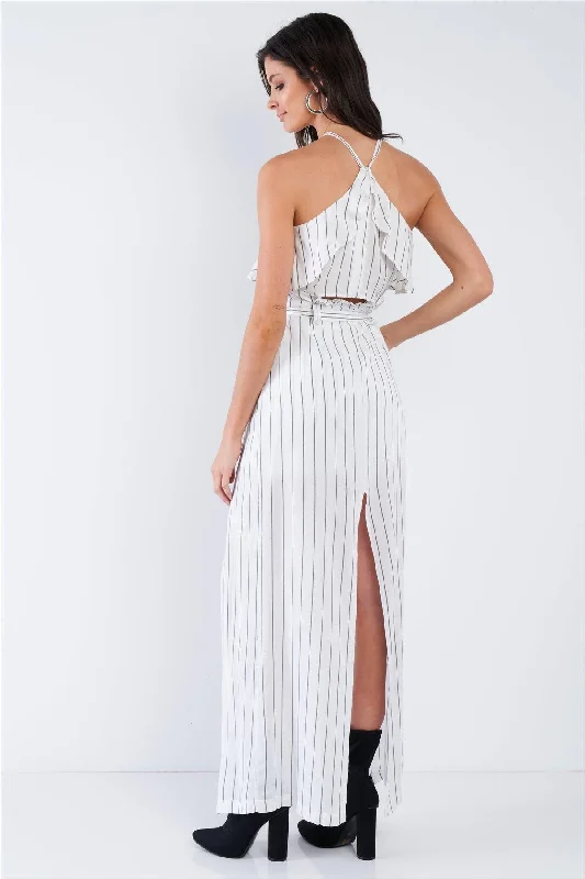 White & Grey Stripe Halter Crop Top and High Waist Frill Mock Maxi Skirt Skort Set  /2-2-2