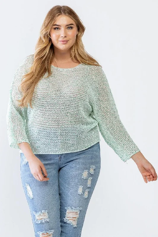 Plus Size Green White Long Sleeve Relax Knit Sweater /3-2