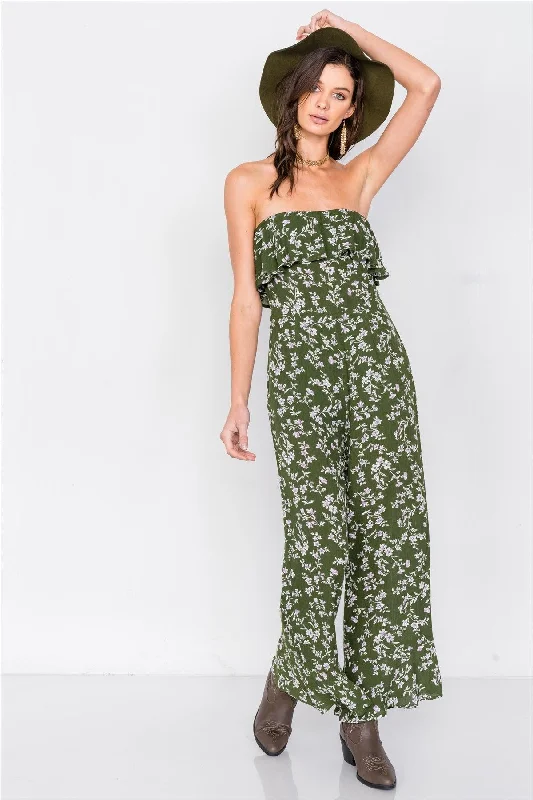 Moss Boho Floral Print Tube Top Flounce Trim Wide Leg Jumpsuit  /4-2-1