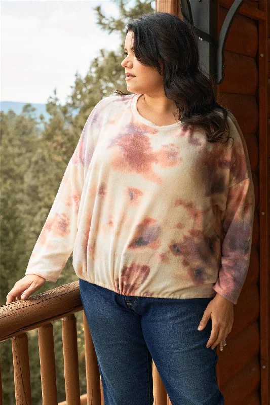 Junior Plus Cream Rust Bleached Tie-Dye Long Sleeve Drawstring Detail Relaxed Sweatshirt /3-2-1