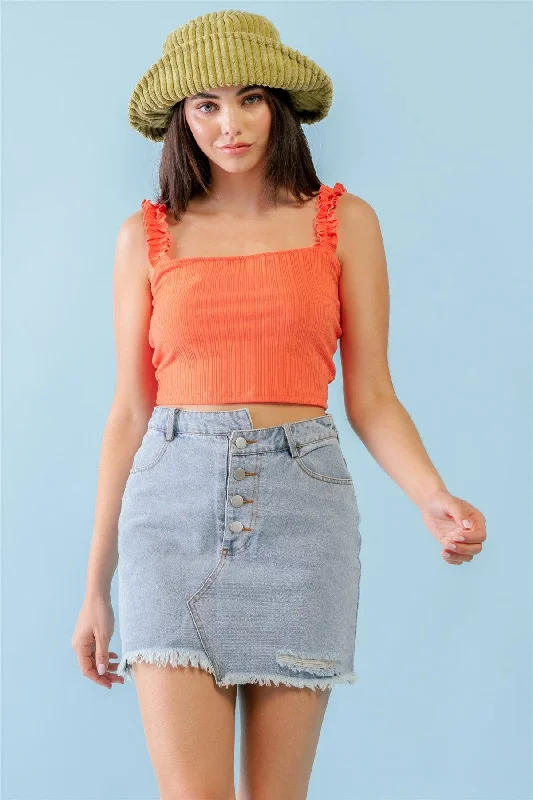 Orange Ribbed Sleeveless Ruffle Strap Crop Top /3-2-1