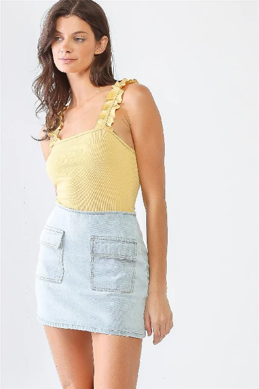 Light Denim Cotton Two Pocket High Waist Mini Skirt /3-2-1