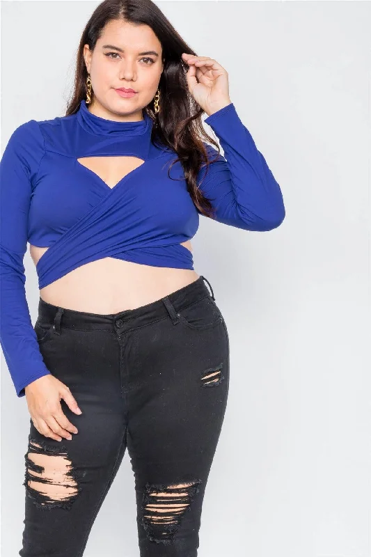 Plus Size Royal Blue Suede Wrap Turtleneck Crop-Top