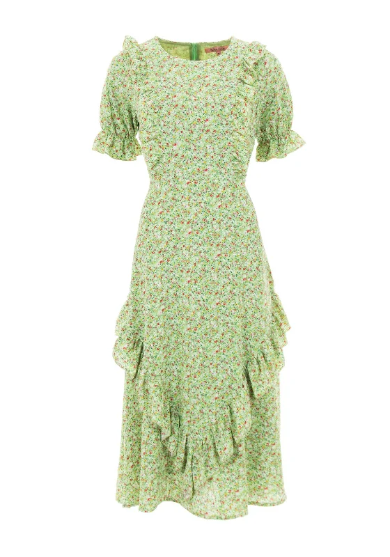 Seventy1 Frilled Ditsy Daisy Midi Dress, Green Multi