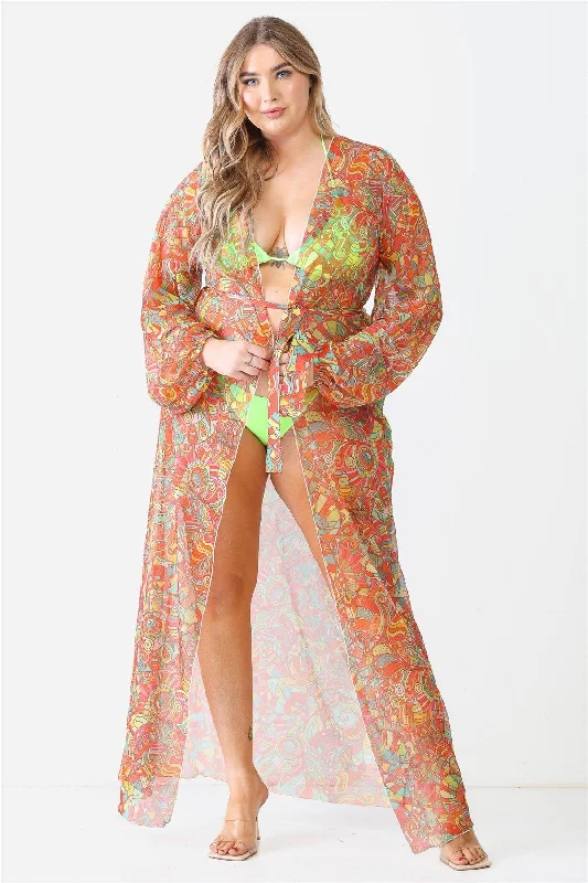 Junior Plus Multicolor Paisley Open Front Long Sleeve Kimono / Cover Up