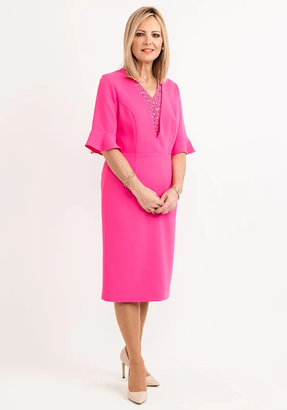 Lizabella Embellished V-Neck Pencil Dress, Hot Pink