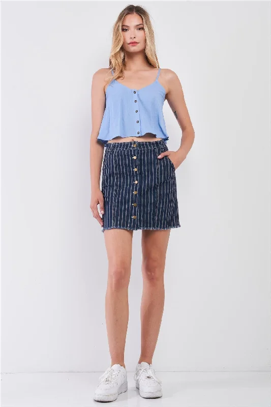 Dark Blue & Red Striped Print High Waist Button-Down Front Raw Hem Detail Denim Mini Skirt /2-1-1