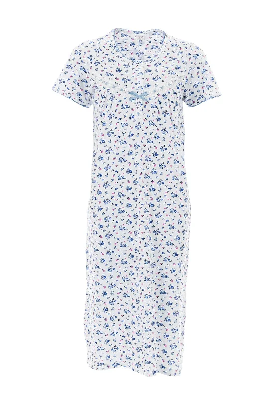 Marlon Floral Short Sleeve Jersey Nightdress, White & Blue