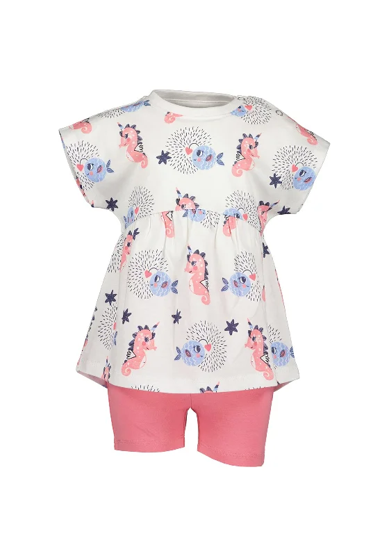 Blue Seven Baby Girl Seahorse Tee and Short Set, White