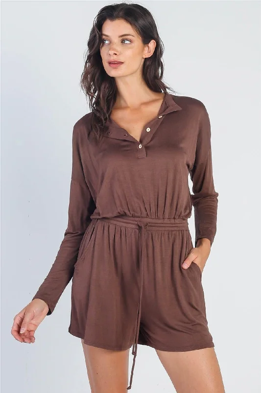 Tobacco Button Up Neck Detail Long Sleeve Romper /1-1-1