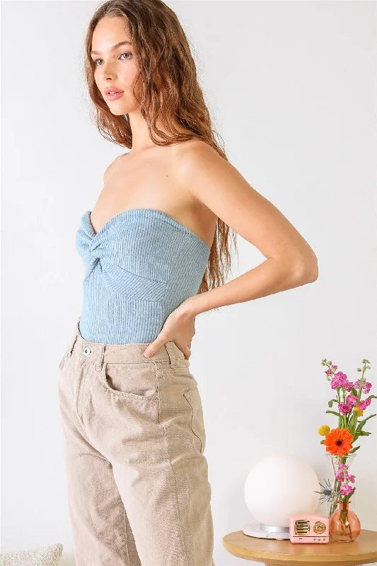 Denim Blue Ribbed Strapless Twist Detail Fitted Bodysuit /1-2-2-1