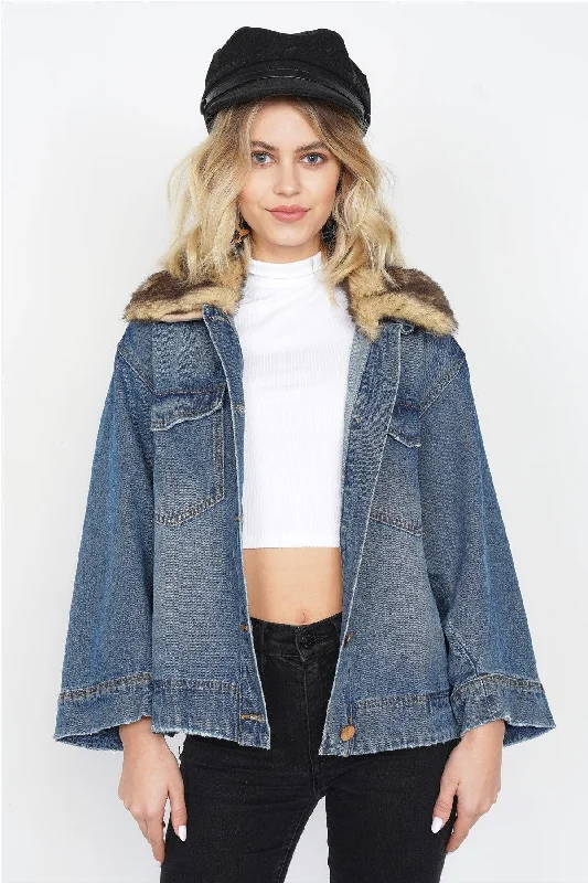 Denim Faux Fur Lace Up Sleeve Vintage Jean Jacket /2-2