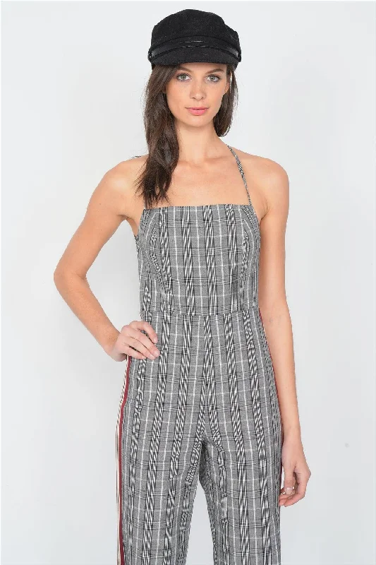 Checkered Wine & White Color Block Cotton Jumpsuit  /4-2-1