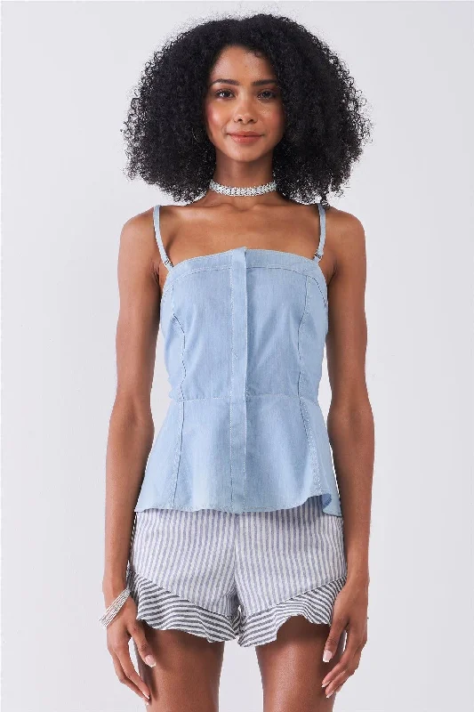 Light Blue Denim Button-Down Front Smock Top /1-2-2-1