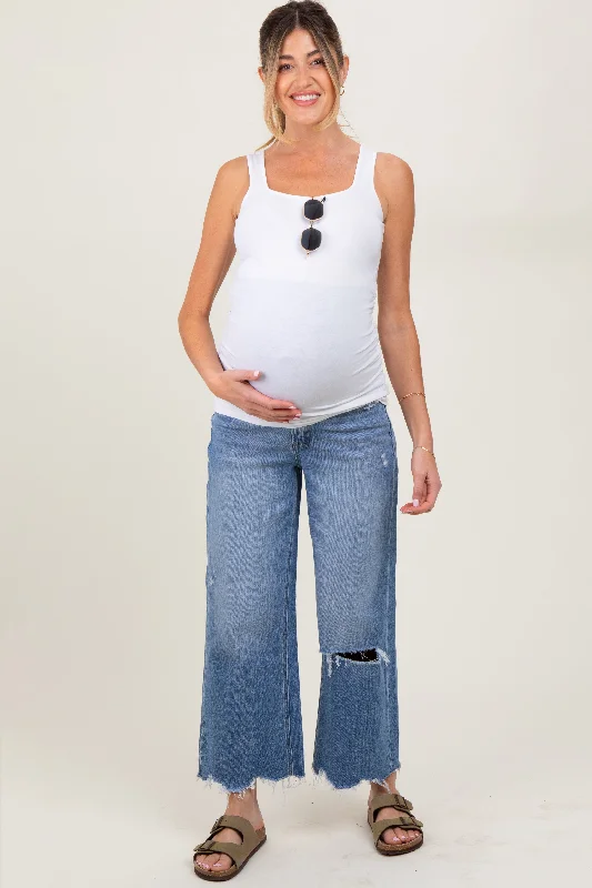 Blue Distressed Fringe Open Knee Cropped Wide Leg Maternity Jeans