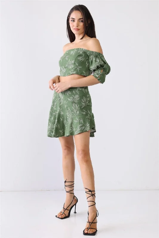 Green Floral Print Off-The-Shoulder Crop Top & High Waist Ruffle Flare Hem Mini Skirt Set /3-2-1