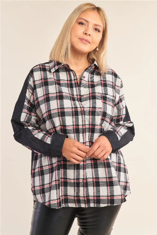 Junior Plus Size Ivory Checkered Denim Cut-In Shirt /2-2-2